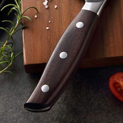 a wooden handle of a santoku knife