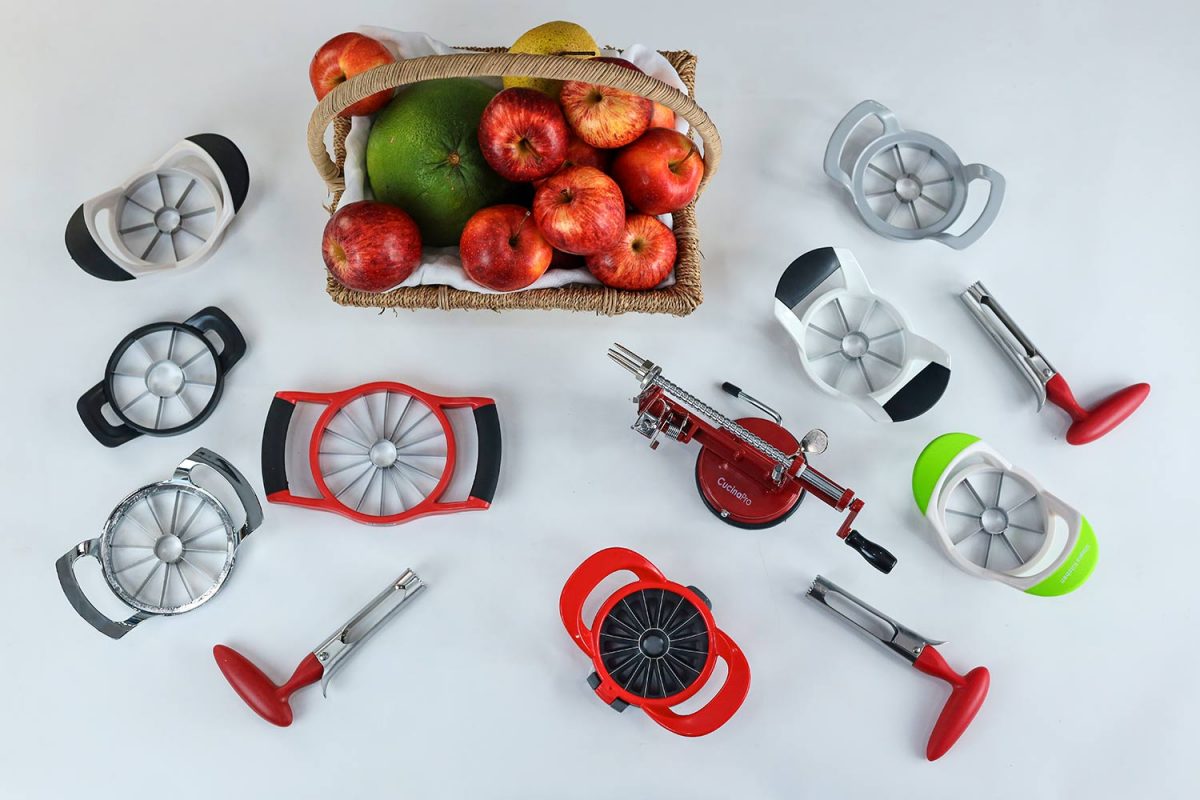basket of apples and apple corers and slicers, top view